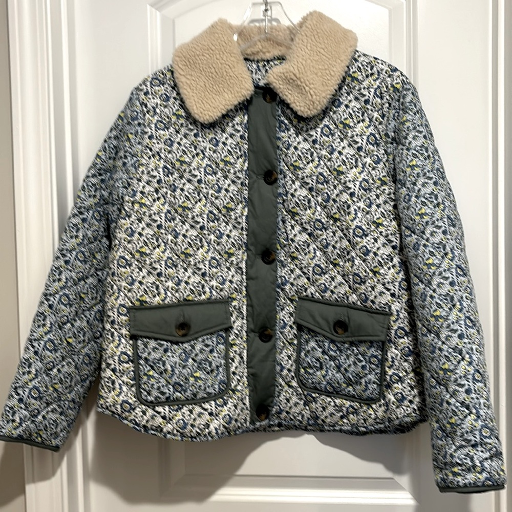 BODEN Quilted Jacket Sherpa Removable Collar Contrasting Sleeves & Pockets Sz 14